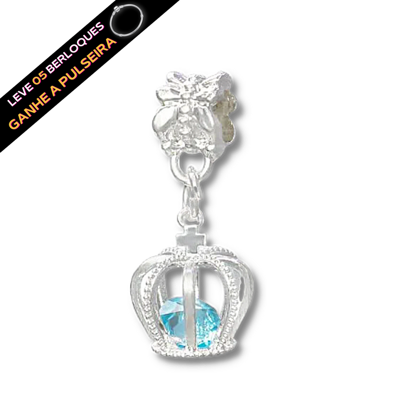 Berloque Pendurado Coroa Rei com Pedra Azul - Prata - Áurea Acessórios