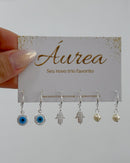 Trio de Argolas Mão Hamsa e Olho Grego - Semijoia Banhado a Prata