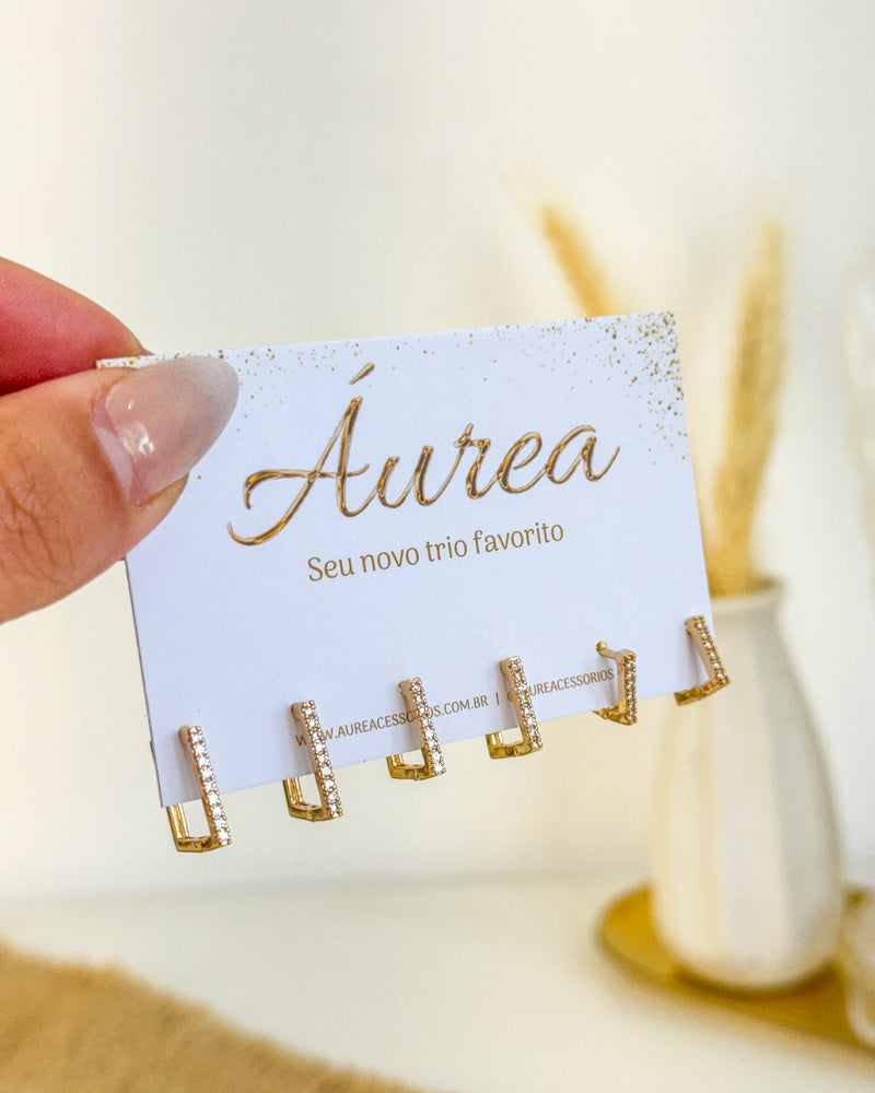 Trio de Brincos Argola Quadrada Cravejada - Semijoia Folheada a Ouro 18k