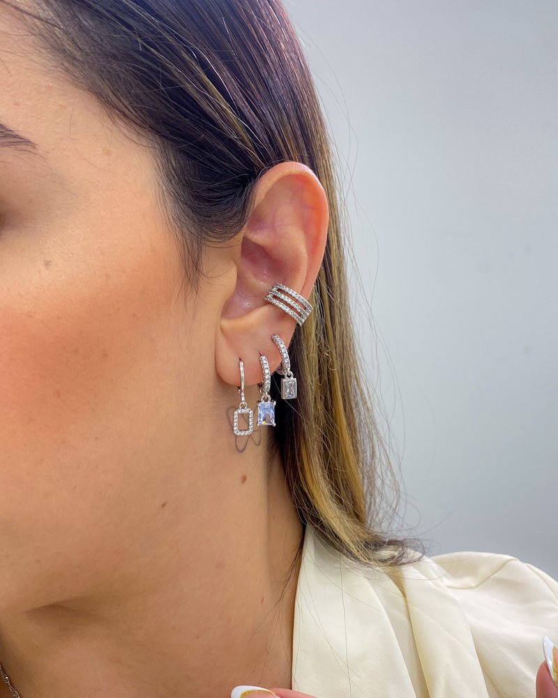 Trio de Argolas Quadrado Cravejado - Semijoia Folheada em Prata