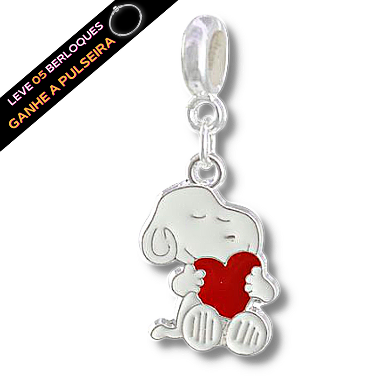 Berloque Banhado a Prata Snoopy Coração - Prata - Áurea Acessórios