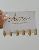 Trio de Argolas Cravejadas - Semijoia Folheada a Ouro 18k