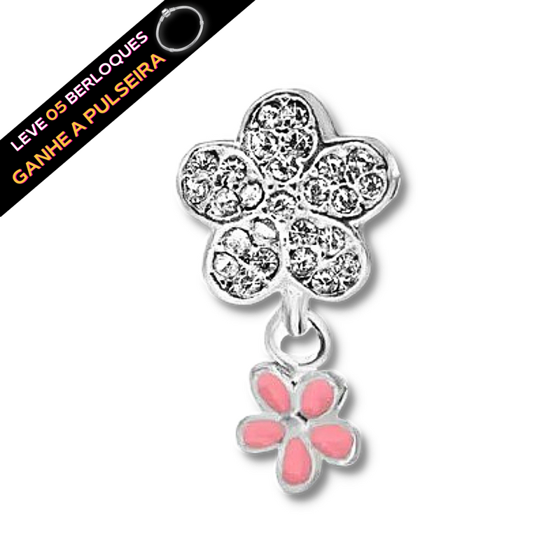 Berloque Separador Florzinha Cravejada com Flor Pendurada - Prata - Áurea Acessórios