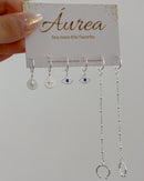 Trio de Argolas Olho Grego com Corrente - Semijoia Banhado a Prata