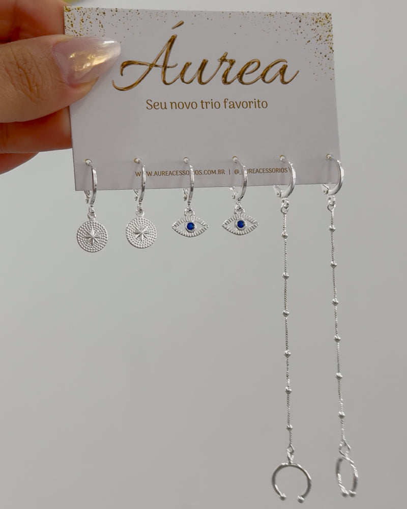 Trio de Argolas Olho Grego com Corrente - Semijoia Banhado a Prata