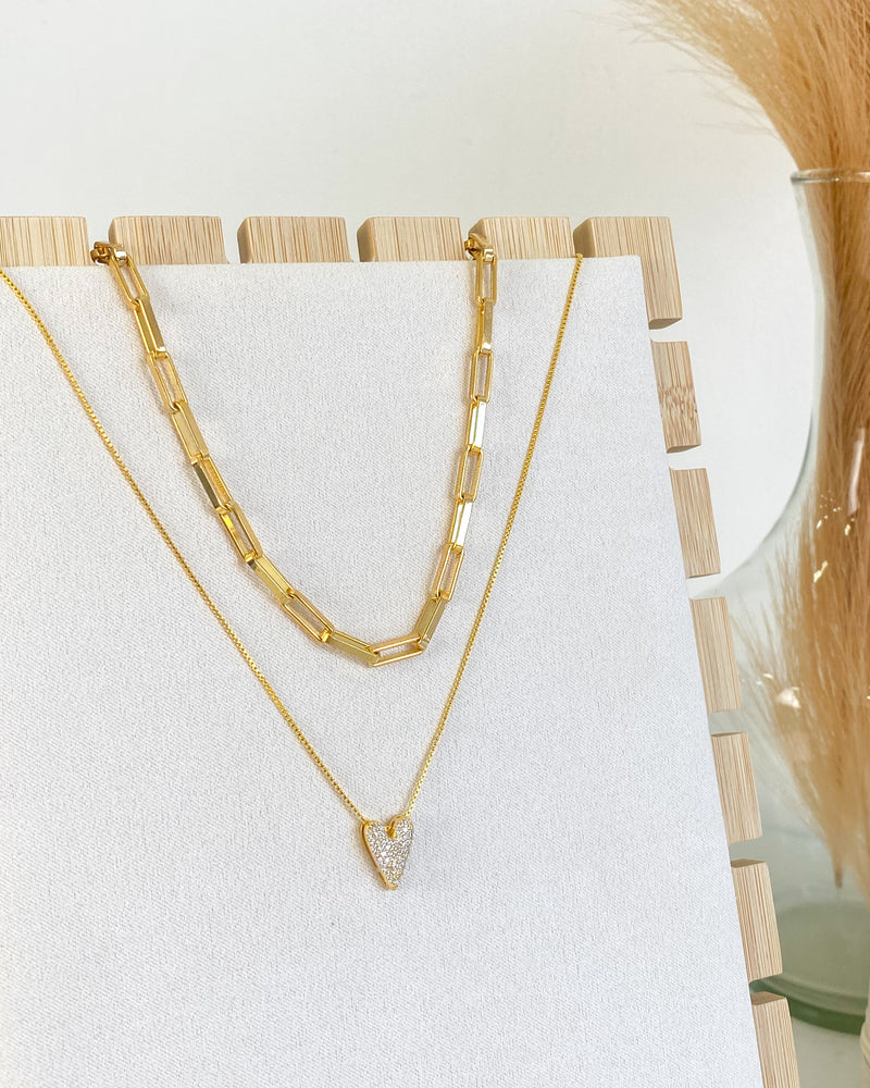 Conjunto de Colares Elos + Coração Cravejado - Semijoia Folheada a Ouro 18k