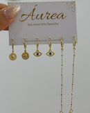 Trio de Argolas Olho Grego com Corrente - Semijoia Banhado a Ouro 18k