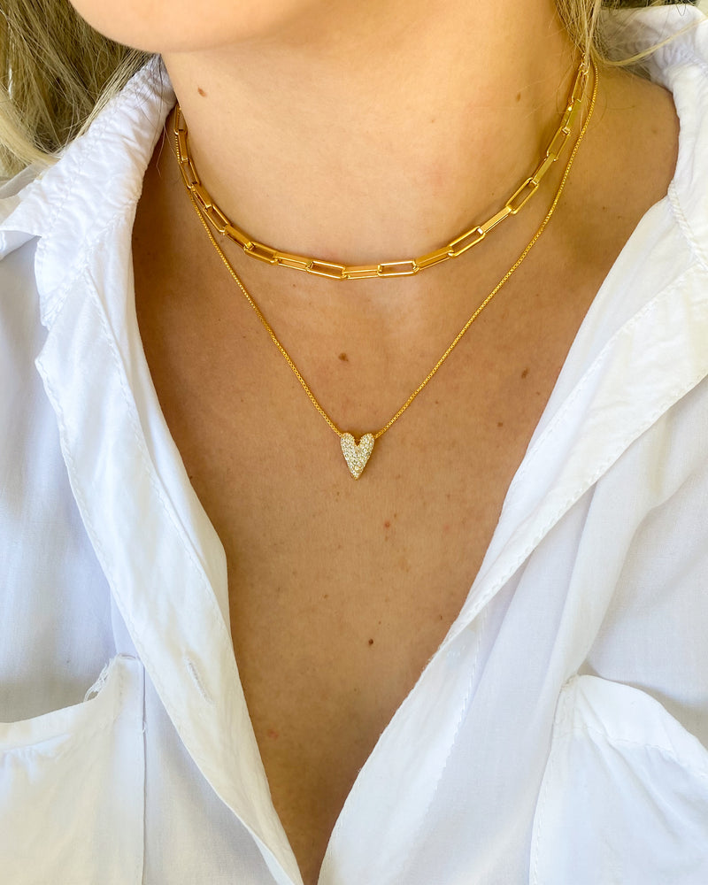 Conjunto de Colares Elos + Coração Cravejado - Semijoia Folheada a Ouro 18k