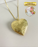 Kit Dia das Mães + Colar Relicário Coração Detalhado + Foto Personalizada - Semijoia Banhado em Ouro 18k