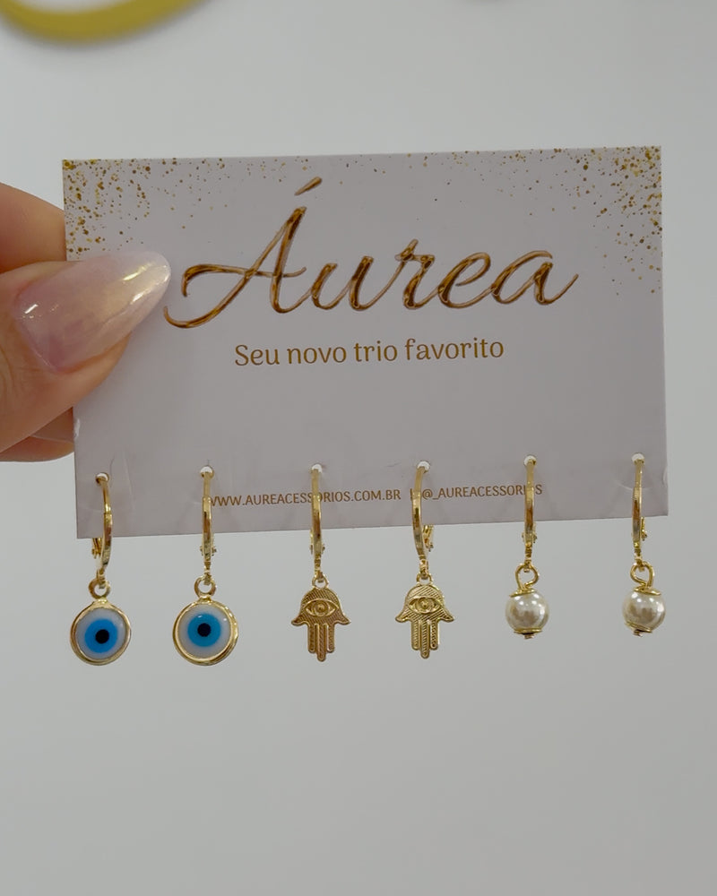 Trio de Argolas Mão Hamsa e Olho Grego - Semijoia Banhado em Ouro 18k