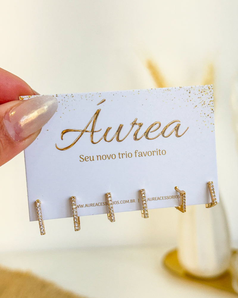 Trio de Brincos Argola Quadrada Cravejada - Semijoia Folheada a Ouro 18k