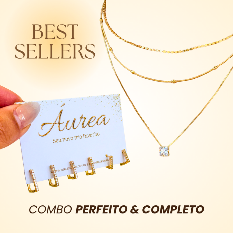 COMBO BEST SELLER - Trio de Brincos Argola Quadrada Cravejada + Conjunto de Colares Minimalista