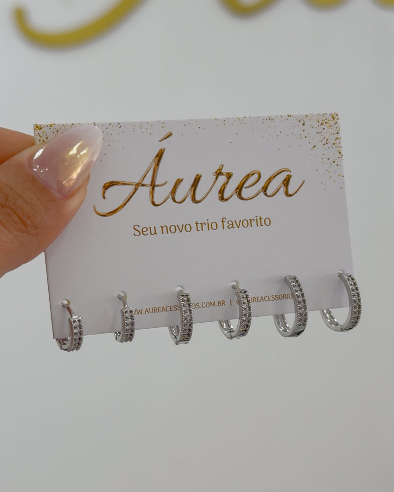 Trio de Argolas Cravejadas - Semijoia Folheada em Prata