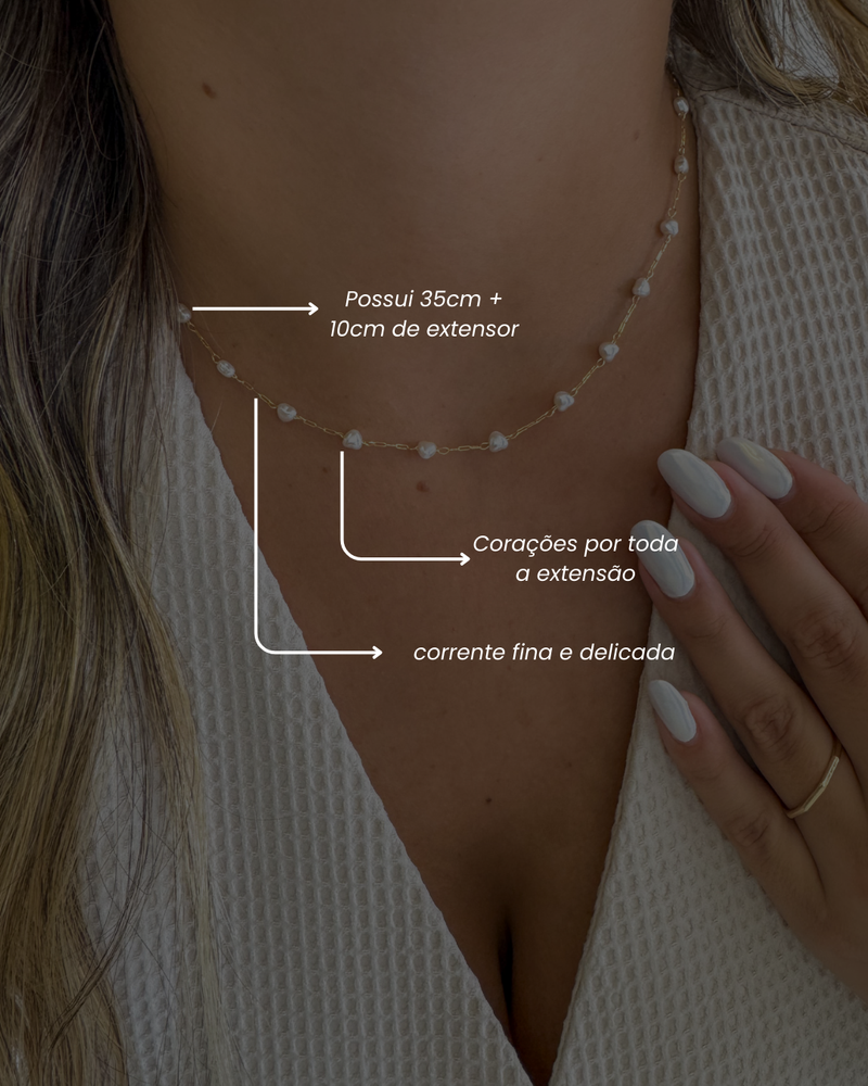 Colar Pérolas formato Coração - Semijoia Banhado em Ouro 18k