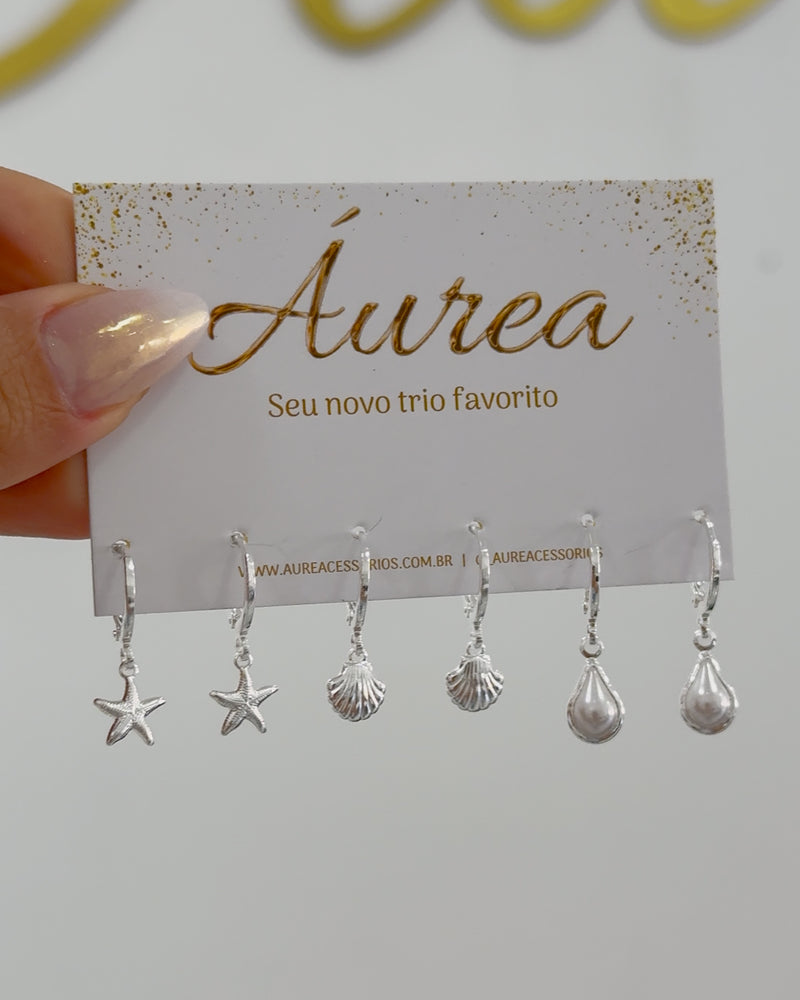 Trio de Brincos Mar - Semijoia Banhado a Prata