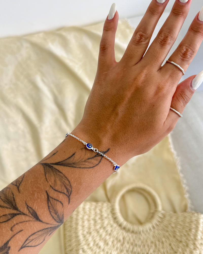 Pulseira Olho Grego Espaçados - Semijoia Banhado a Prata