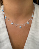 Colar Olho Grego e Zircônias Pendurado - Semijoia Banhado a Prata