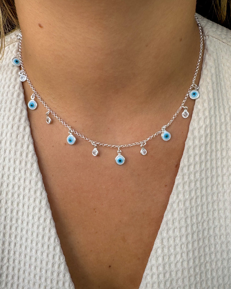 Colar Olho Grego e Zircônias Pendurado - Semijoia Banhado a Prata