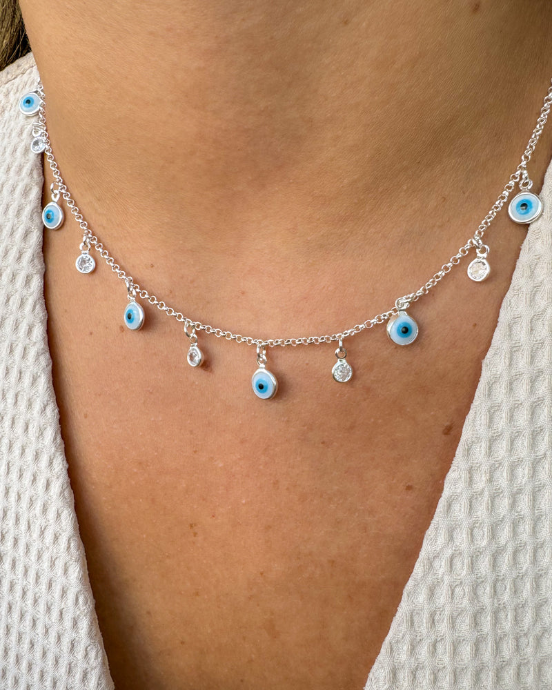 Colar Olho Grego e Zircônias Pendurado - Semijoia Banhado a Prata