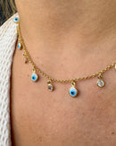 Colar Olho Grego e Zircônias Pendurado - Semijoia Banhado em Ouro 18k