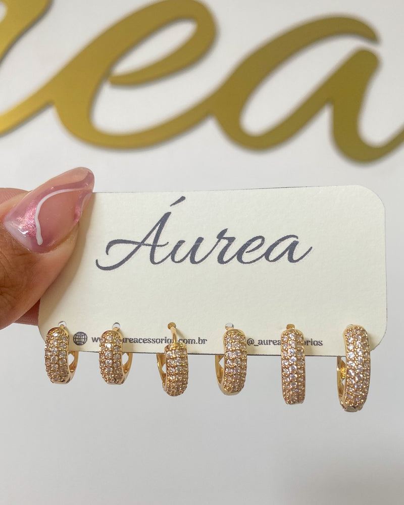 Trio de Argolas Bold Cravejado - Dourado - Áurea Acessórios