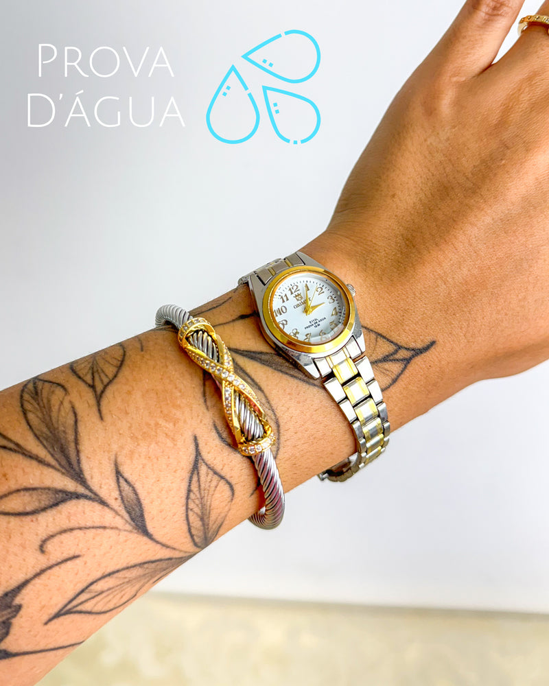 Bracelete Torcido X Cravejado - Semijoia em Aço Inox em Ouro