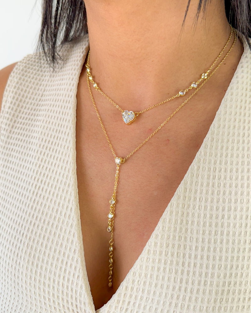 Colar Fio Duplo Coração Com Zicônias - Semijoia Banhado em Ouro 18k