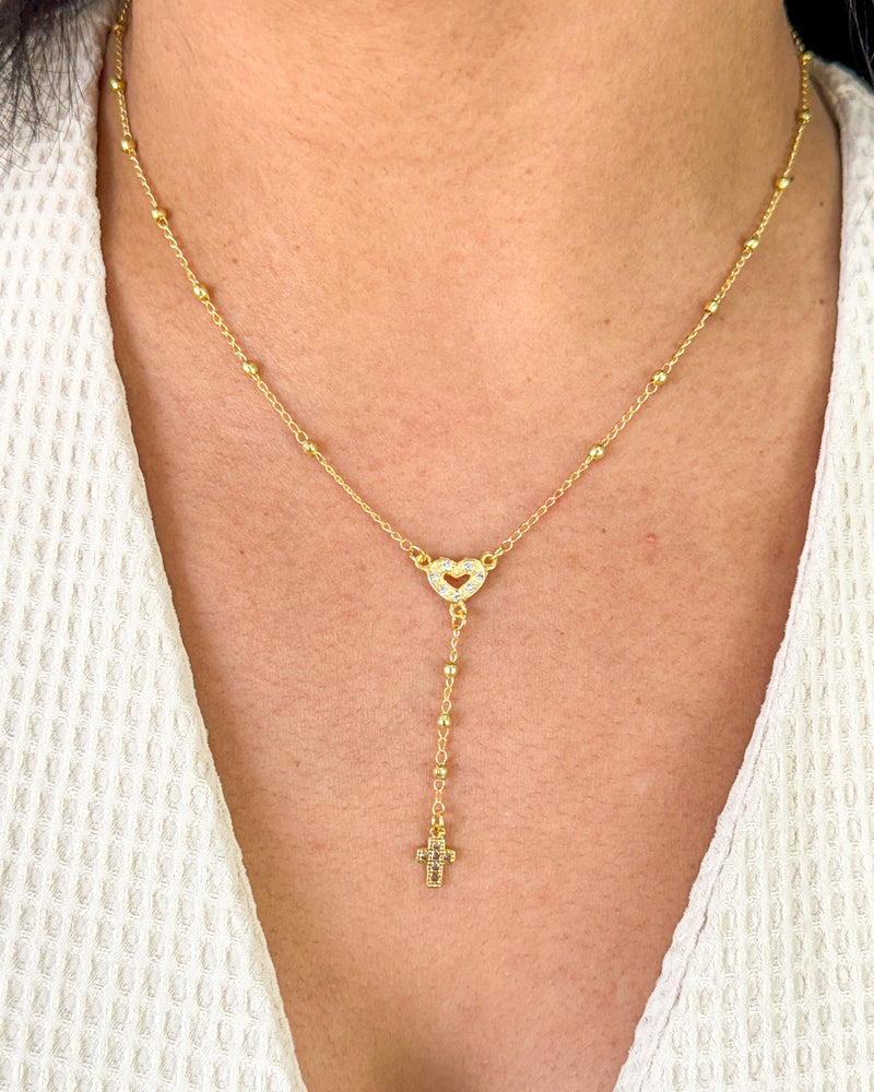 Colar Modelo Terço com Coração - Semijoia Banhado em Ouro 18k