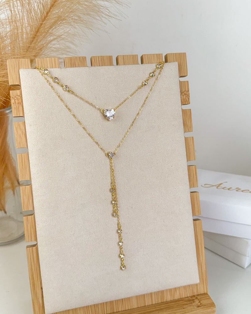 Colar Fio Duplo Coração Com Zicônias - Semijoia Banhado em Ouro 18k