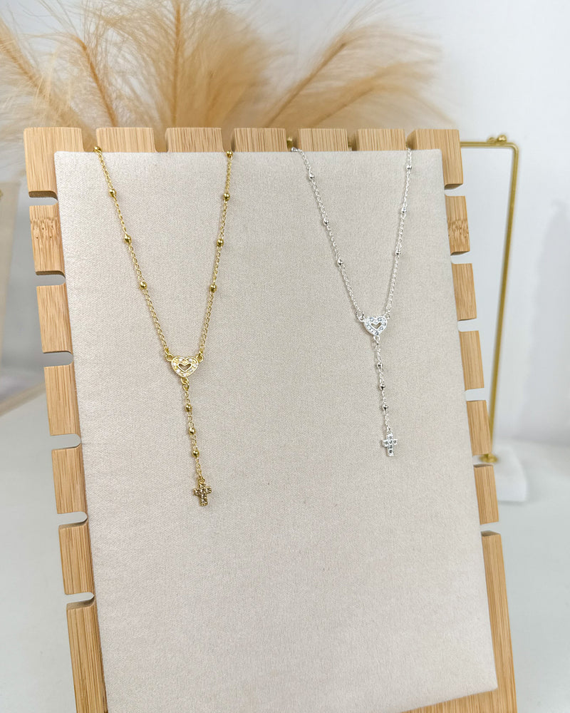 Colar Modelo Terço com Coração - Semijoia Banhado em Ouro 18k