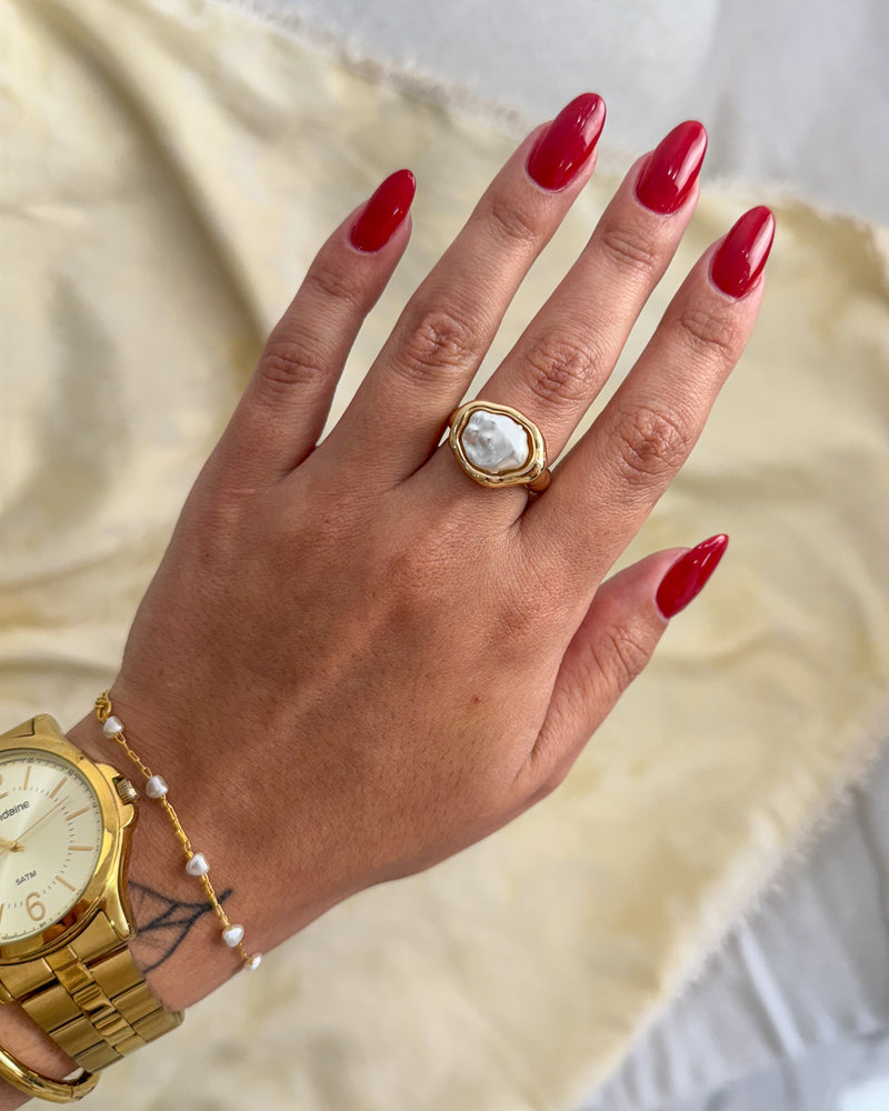 Anel Pérola Orgânica - Semijoia Banhado em Ouro 18k