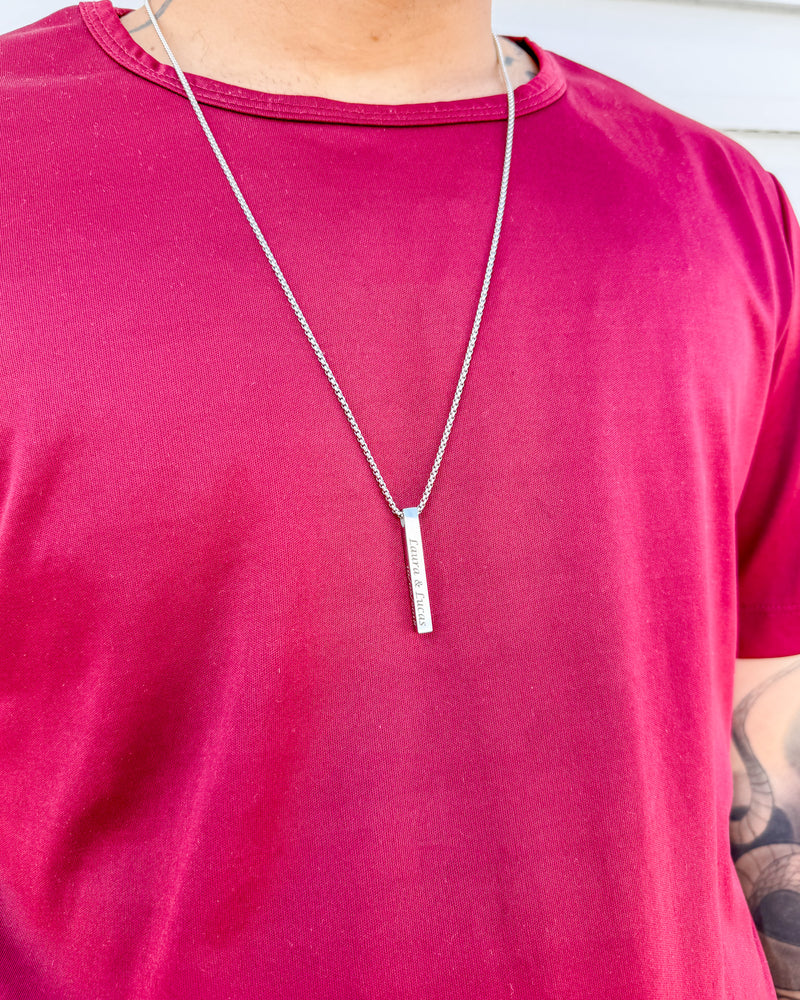 Colar Barra Aço + 2 Nomes ou Frase Personalizada 3D - Semijoia Banhado a Prata