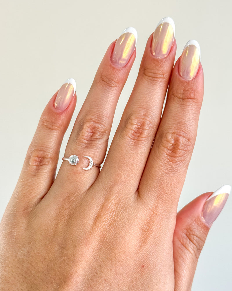 Anel Regulável Lua Sol - Semijoia Banhado a Prata