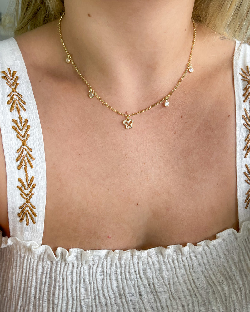 Colar Borboleta Cravejada Com Pontos de Zircônias - Semijoia Banhado em Ouro 18k