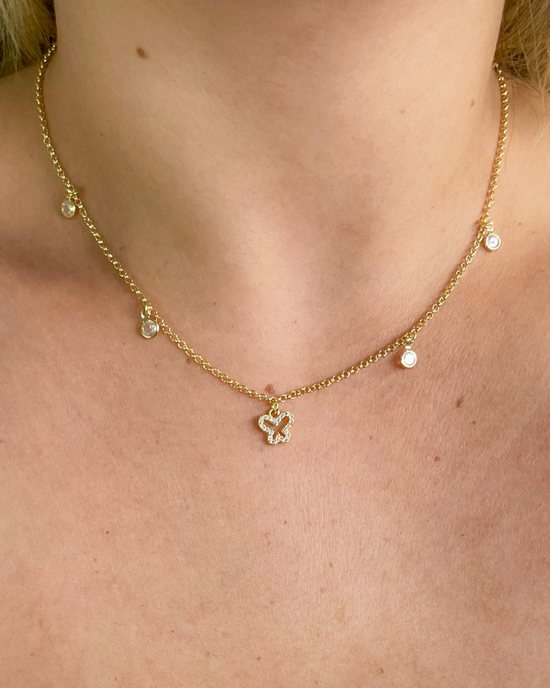 Colar Borboleta Cravejada Com Pontos de Zircônias - Semijoia Banhado em Ouro 18k