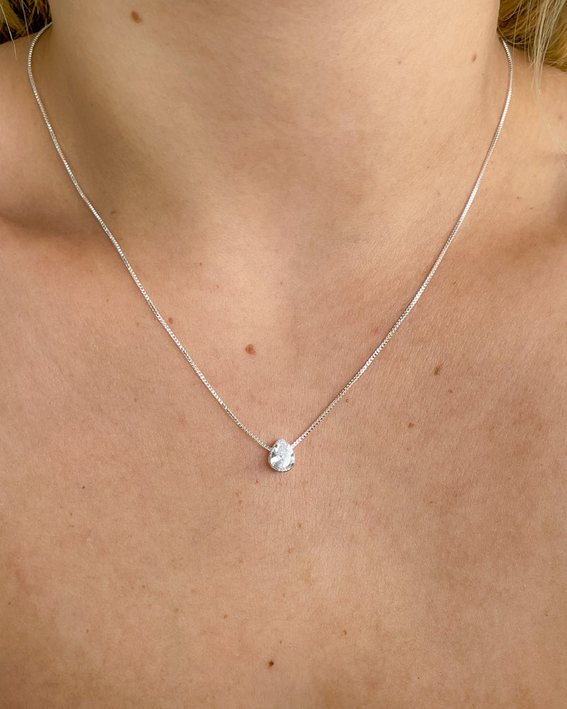 Colar Pingente Gota Cristal - Semijoia Banhado a Prata