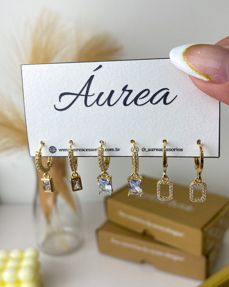 Trio de Argolas Quadrado Cravejado - Semijoia Folheada a Ouro 18k