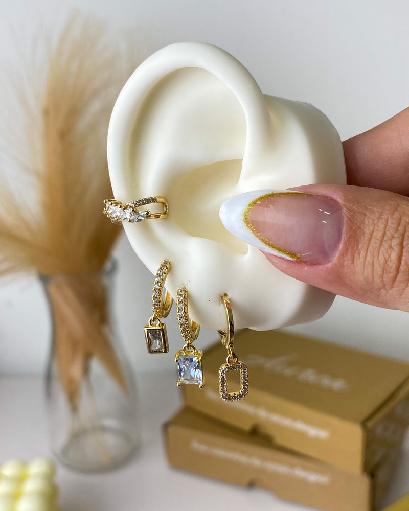 Trio de Argolas Quadrado Cravejado - Semijoia Folheada a Ouro 18k