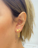 Duo de Brincos Estrelas com Corrente - Semijoia Banhado em Ouro 18k
