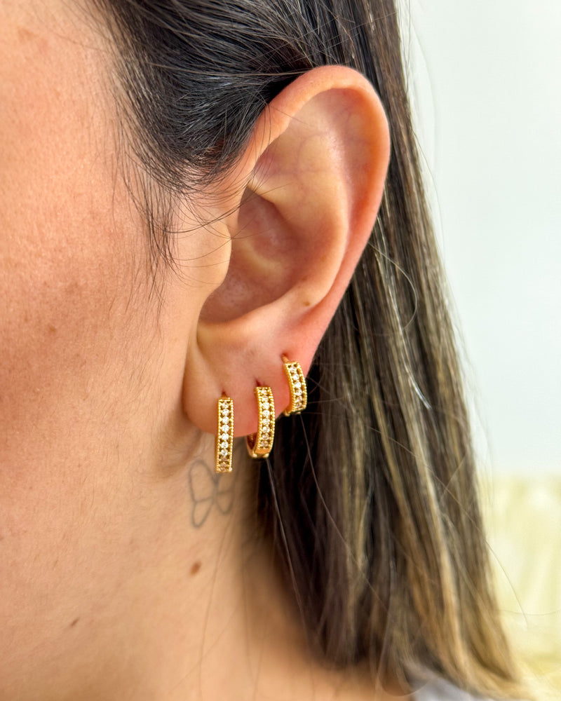 Trio de Argolas Cravejadas - Semijoia Folheada a Ouro 18k