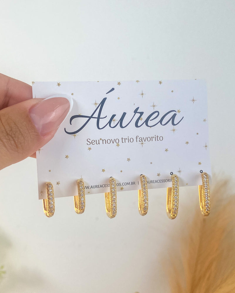 Trio de Argolas Quadrado Cravejado 2 - Semijoia Folheada a Ouro 18k