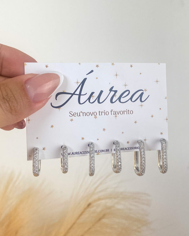 Trio de Argolas Quadrado Cravejado 2 - Semijoia Folheada em Prata