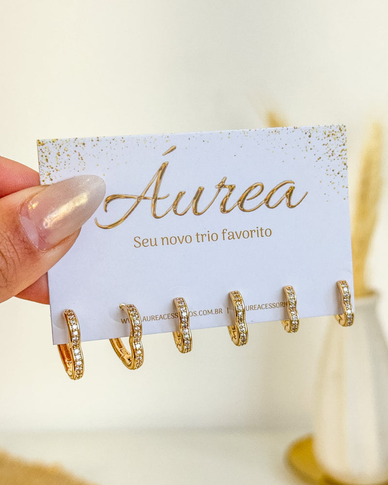 Trio de Brincos Coração Cravejado - Semijoia Folheada a Ouro 18k