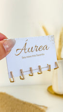 COMBO BEST SELLER - Trio de Brincos Argola Quadrada Cravejada + Conjunto de Colares Minimalista