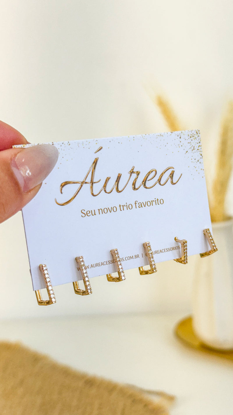 COMBO BEST SELLER - Trio de Brincos Argola Quadrada Cravejada + Conjunto de Colares Minimalista