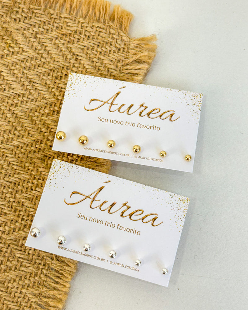 Trio de Brincos de Bolinhas - Semijoia Folheada em Prata