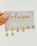 Trio de Brincos Zircônia Quadrada Cravejada - Semijoia Folheada a Ouro 18k