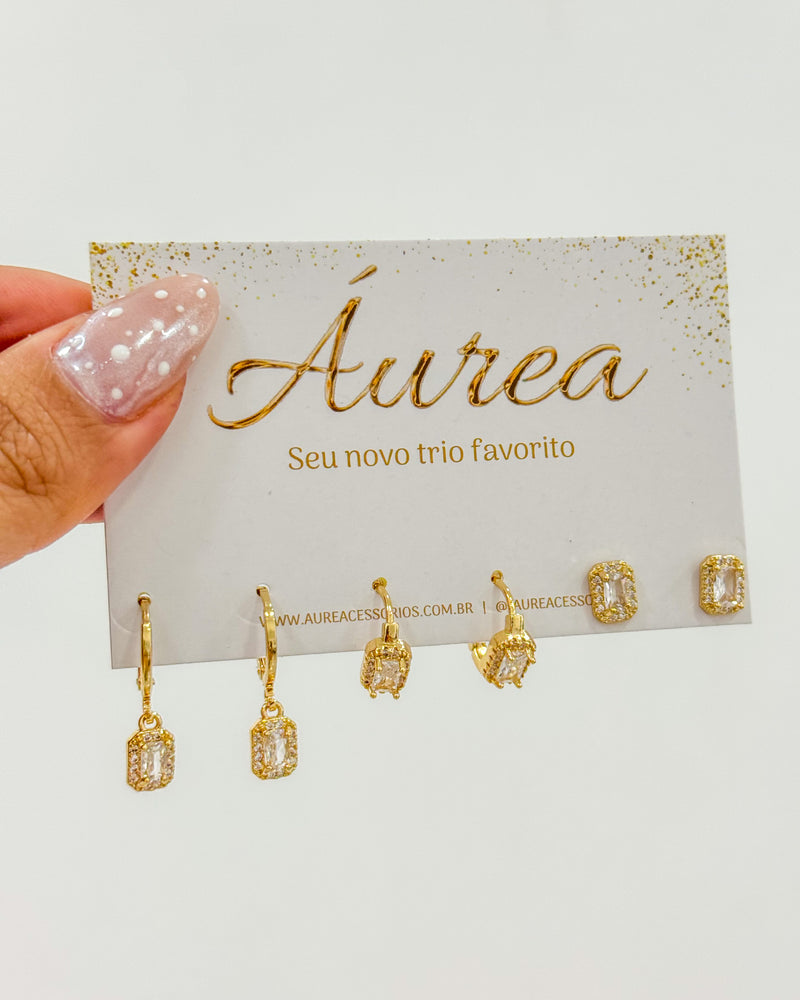 Trio de Brincos Zircônia Quadrada Cravejada - Semijoia Folheada a Ouro 18k