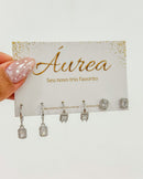 Trio de Brincos Zircônia Quadrada Cravejada - Semijoia Folheada a Prata