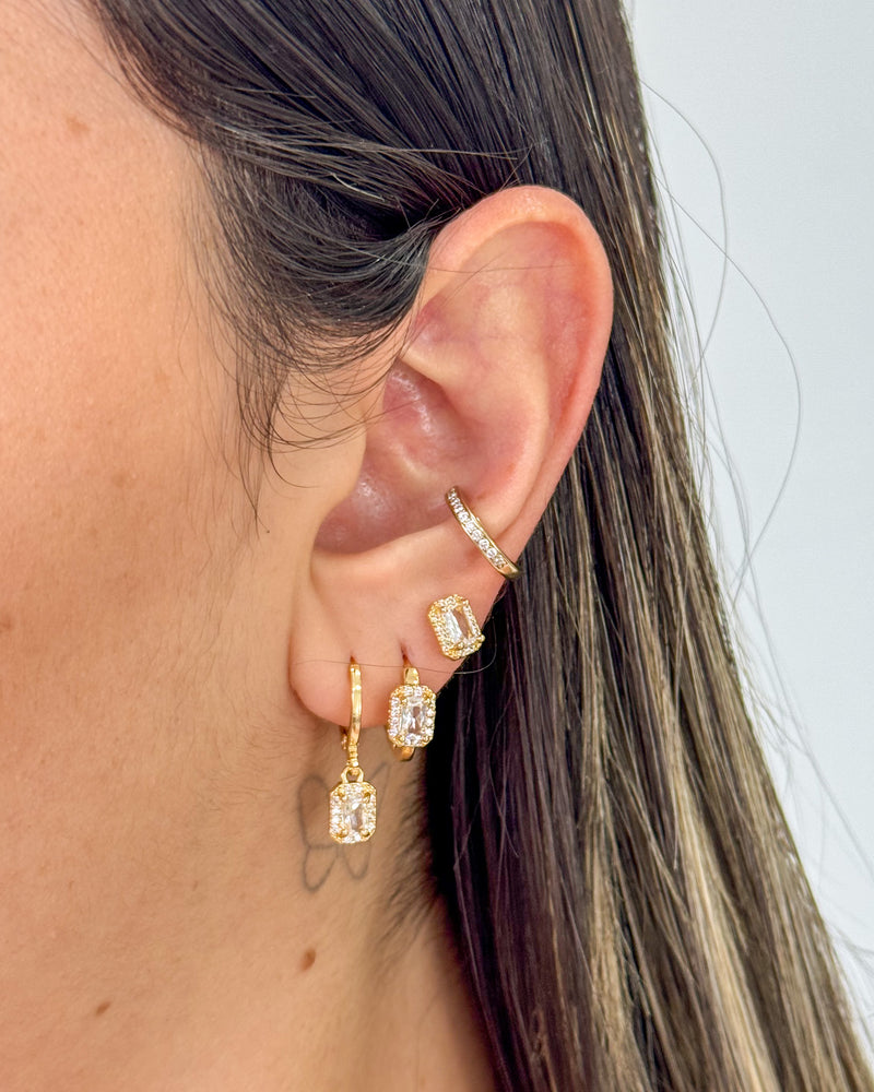 Trio de Brincos Zircônia Quadrada Cravejada - Semijoia Folheada a Ouro 18k